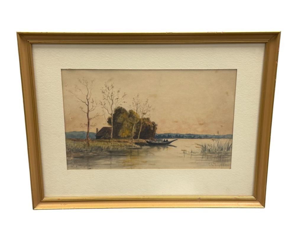 A.L. THOMSEN WASHINGTON ARTIST ORIGINAL WATERCOLOR ON PAPER TWENTY MILE ISLAND DATED 1899: ART TITLE ON THE MISSISSIPPI RIVER TWENTY MILE ISLAND NEAR DIAMOND BLUFF, DEPICTS HOME ALONG THE MISSISSIPPI RIVER SURROUNDED BY TREES, SIGNED LOWER RIGHT, INCLUDES WRITTEN NOTE BY THE PREVIOUS OWNER 