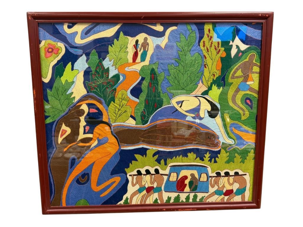 20TH CENTURY BANGLADESH VIBRANT WEAVING WITH LABEL FROM YEART GALLERY ON THE BACK: WEAVING ILLUSTRATED SCENES OF STYLIZED FIGURES SURROUNDED BY SHRUBS / PLANTS WITH BLUE BACKGROUND, FRAMED 31 1/4" X 27 1/4" FRAME