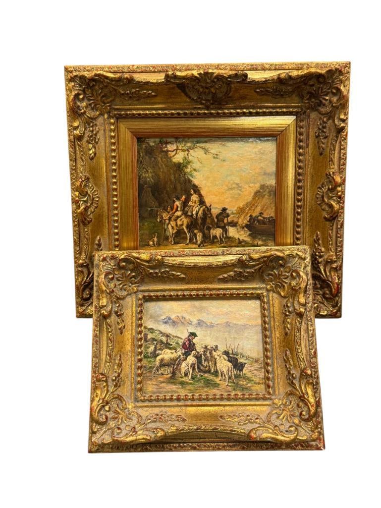 ERNST BRODEL GERMAN ARTIST ORIGINAL OIL ON BOARD MINIATURE PAINTINGS: ERNST BRODEL (1893-1980) WAS A GERMAN ARTIST AND MODELLER KNOWN FOR HIS ANIMAL AND LANDSCAPE PAINTINGS, ART DEPICTS SCENE OF SHEEP HERDER ON A HILL WITH MOUNTAIN BACKGROUND, AND OTHER DEPICTS SCENE OF