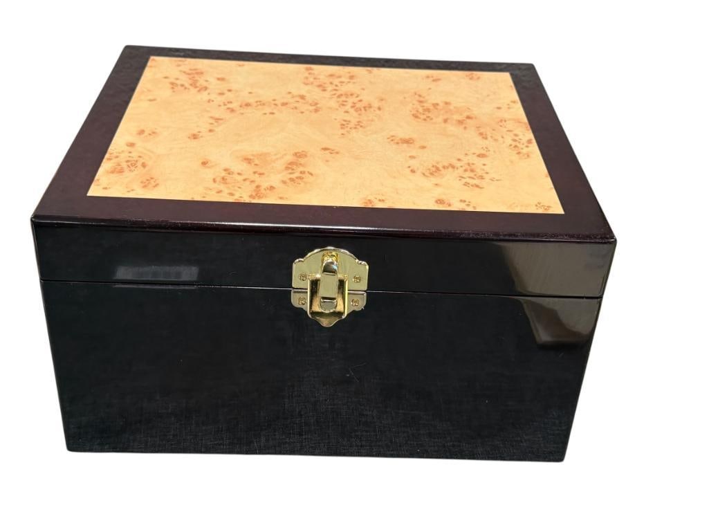 ELEGANT CHERRY FINISH AND BURL MAPLE STORAGE BOX WITH FELT LINED INTERIOR: FEATURES HINGED TOP WITH POUCH ON THE INSIDE, NO HEAVY SCRATCHES OR SCUFFS 12 1/2" X 10 1/4" X 7"