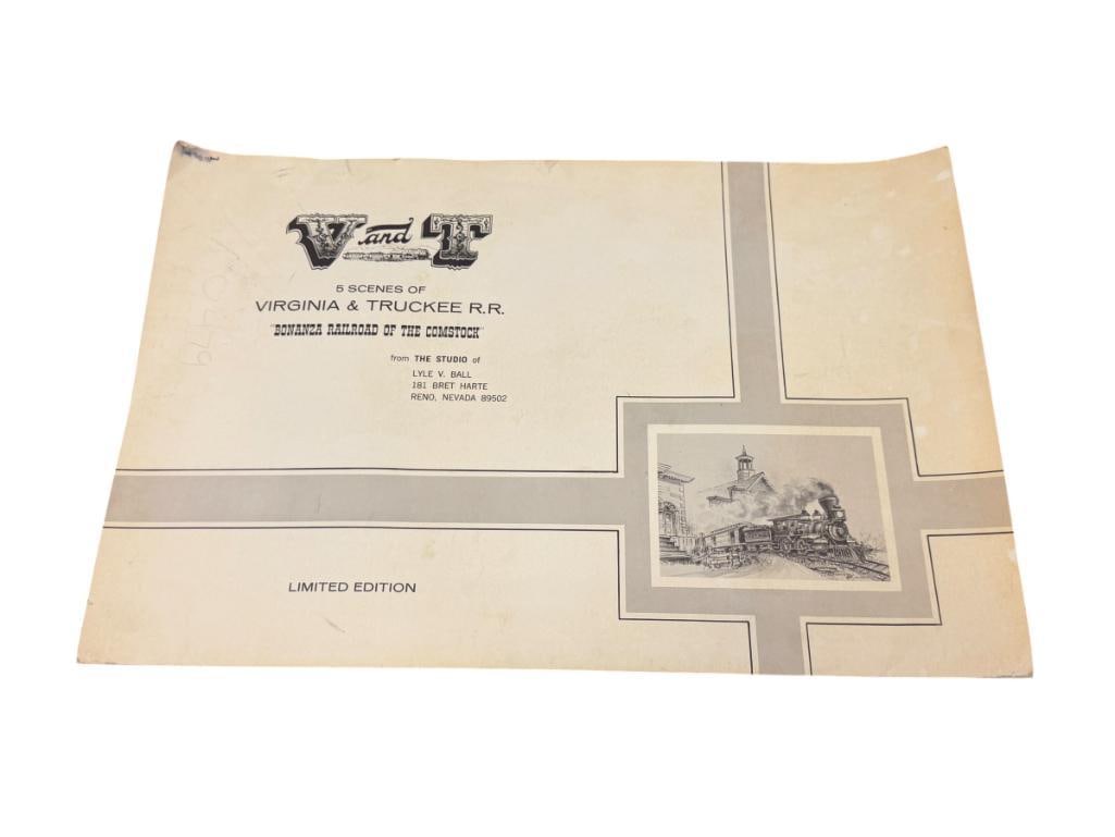 LYLE V. BALL PROLIFIC RENO, NV ARTIST VIRGINIA & TRUCK RAILROAD FOLIO LIMITED EDITION: COMPLETE FOLIO WITH 4 SCENES OF THE V&T RAILROAD, EACH PRINT IS PLATE SIGNED LOWER RIGHT AND SUITABLE FOR FRAMING, SOME WEAR ALONG THE EDGES, FOLIO COVER SHOWS WEAR ALONG THE EDGES AND SOME DISCOL