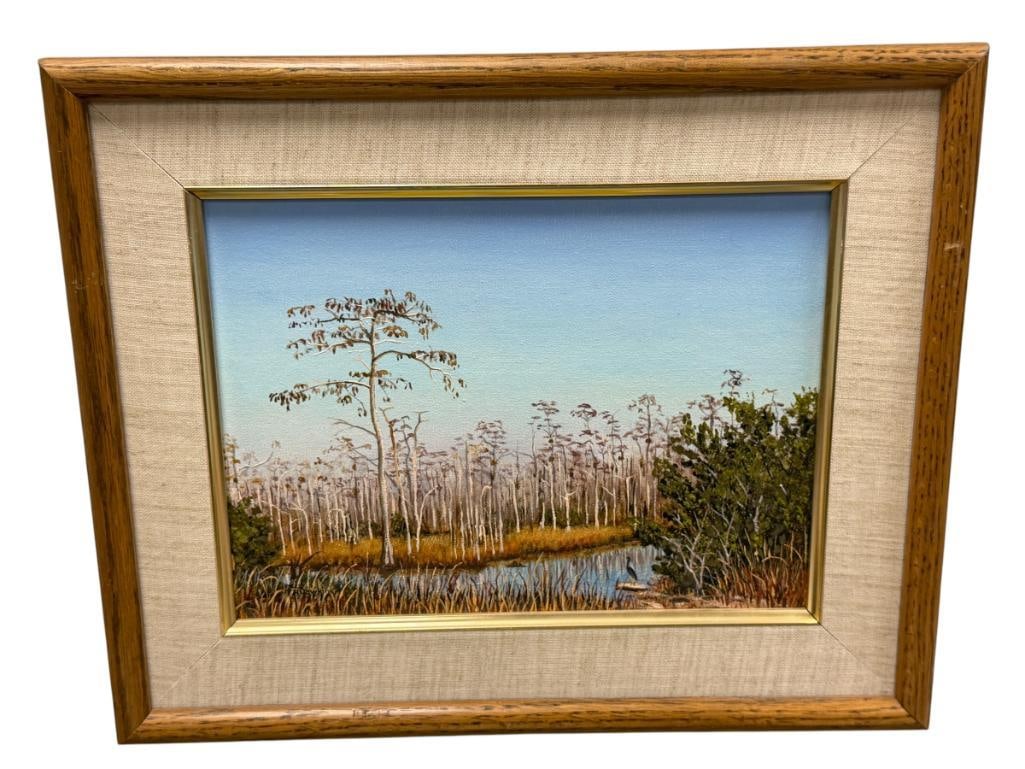 THOMAS R. DAWKINS FLORIDA ARTIST ORIGINAL OIL ON CANVAS PAINTING TITLED WINTER CYPRESS TAMIAMI TR...: THOMAS R. DAWKINS (D. 1997) WAS KNOWN AS A FLORIDA LANDSCAPE ARTIST, MOVED TO FLORIDA IN 1961, TOOK ART SERIOUS IN THE MID 1970'S, ART DEPICTS A SCENE ON THE HISTORIC 284-MILE THE TAMIAMI T