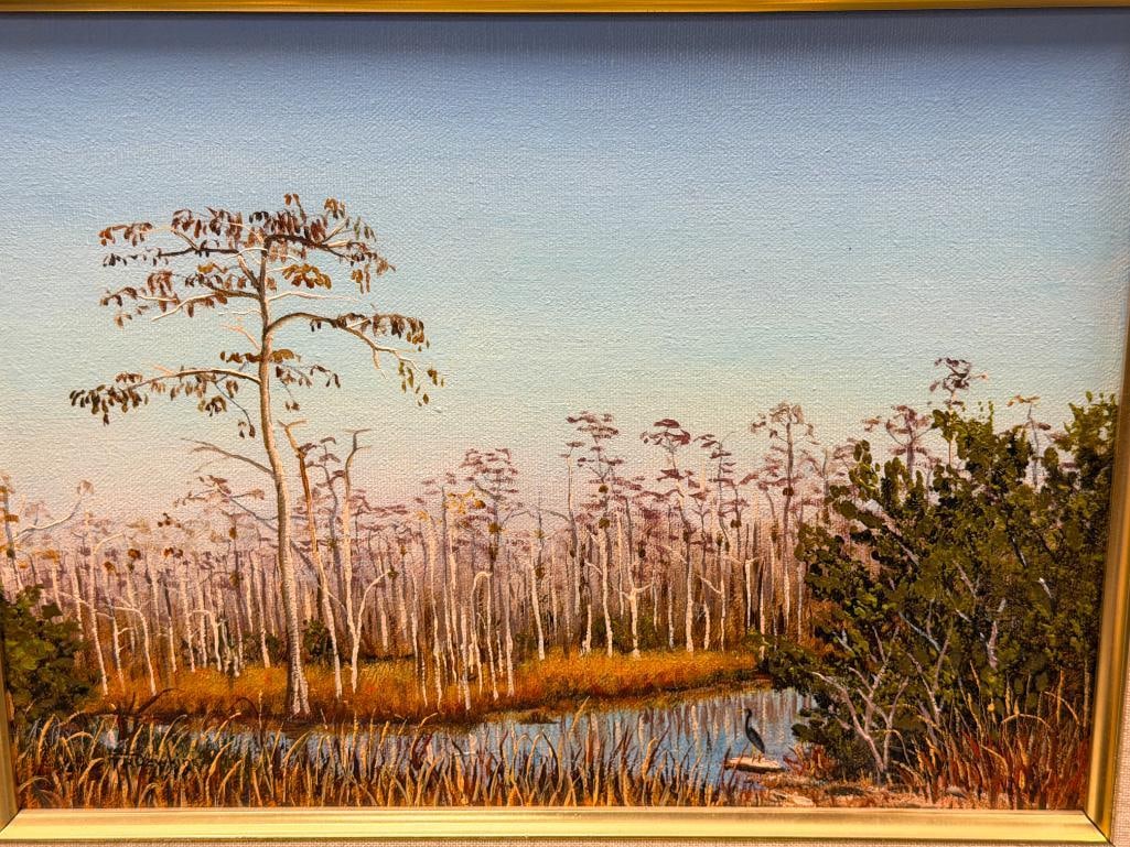 THOMAS R. DAWKINS FLORIDA ARTIST ORIGINAL OIL ON CANVAS PAINTING TITLED WINTER CYPRESS TAMIAMI TR... - 2