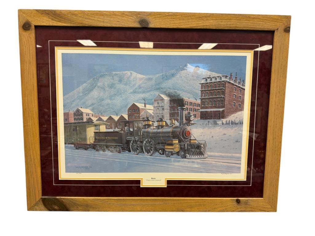 WILLIAM A. MOORE NEVADA ARTIST LIMITED EDITION PRINT RENO, PRIDE OF THE COMSTOCK V&T RAILROAD: NO, 261/500, SIGNED LOWER RIGHT, DEPICTS SCENE OF A V&T TRAIN PASSING THROUGH VIRGINIA CITY DURING WINTER, PRESENTED AS A GIFT FROM MOORE, SIGNED ON THE BACK, FRAMED 34 1/2" X 26 1/2" FRAME
