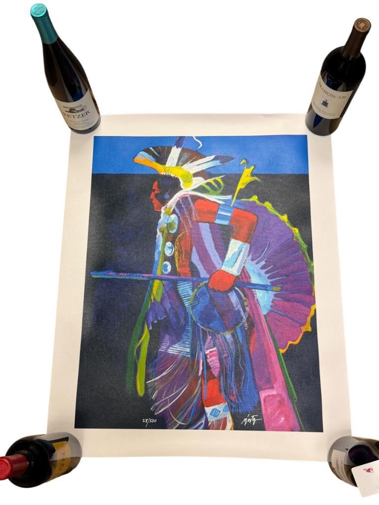 JOHN NIETO LIMITED EDITION PRINT ON CANVAS TITLED TRADITIONAL DANCER NO. 28/500: JOHN NIETO (1936-2018) CONTEMPORARY NATIVE AMERICAN ARTIST KNOWN FOR USING VIVID / VIBRANT COLORS, ART ILLUSTRATES A NATIVE AMERICAN FIGURE HOLDING A STAFF, SIGNED LOWER RIGHT, NOT FRAMED 22" X 27"
