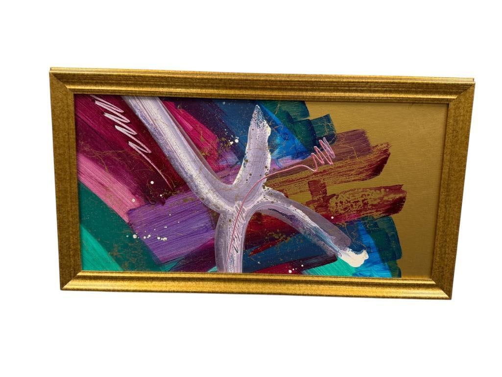 PATRICK MCNURNEY MIXED MEDIA ORIGINAL PAINTING ON CANVAS ABSTRACT: ABSTRACT PAINTING ON CANVAS SHOWING BROAD BRUSH STROKES, SPLATTER, AND GOLD BACKGROUND, SIGNED LEFT CENTER, FRAMED 27" X 15" FRAME