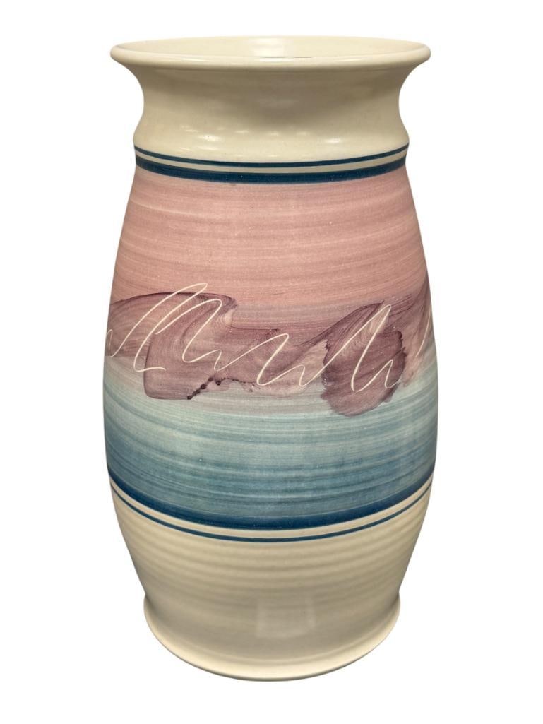 TALL HAND SPUN POTTERY VASE WITH PINK AND BLUE DESIGN WIDE BAND, SIGNED (1 of 7)