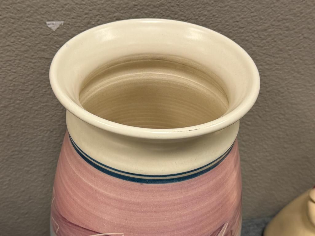 TALL HAND SPUN POTTERY VASE WITH PINK AND BLUE DESIGN WIDE BAND, SIGNED - 2