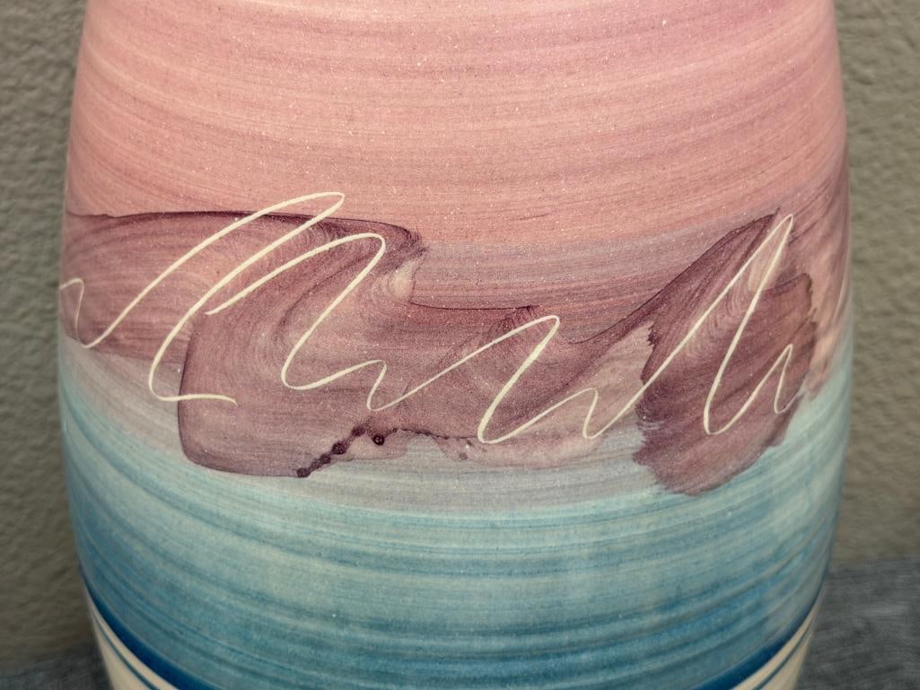TALL HAND SPUN POTTERY VASE WITH PINK AND BLUE DESIGN WIDE BAND, SIGNED - 3