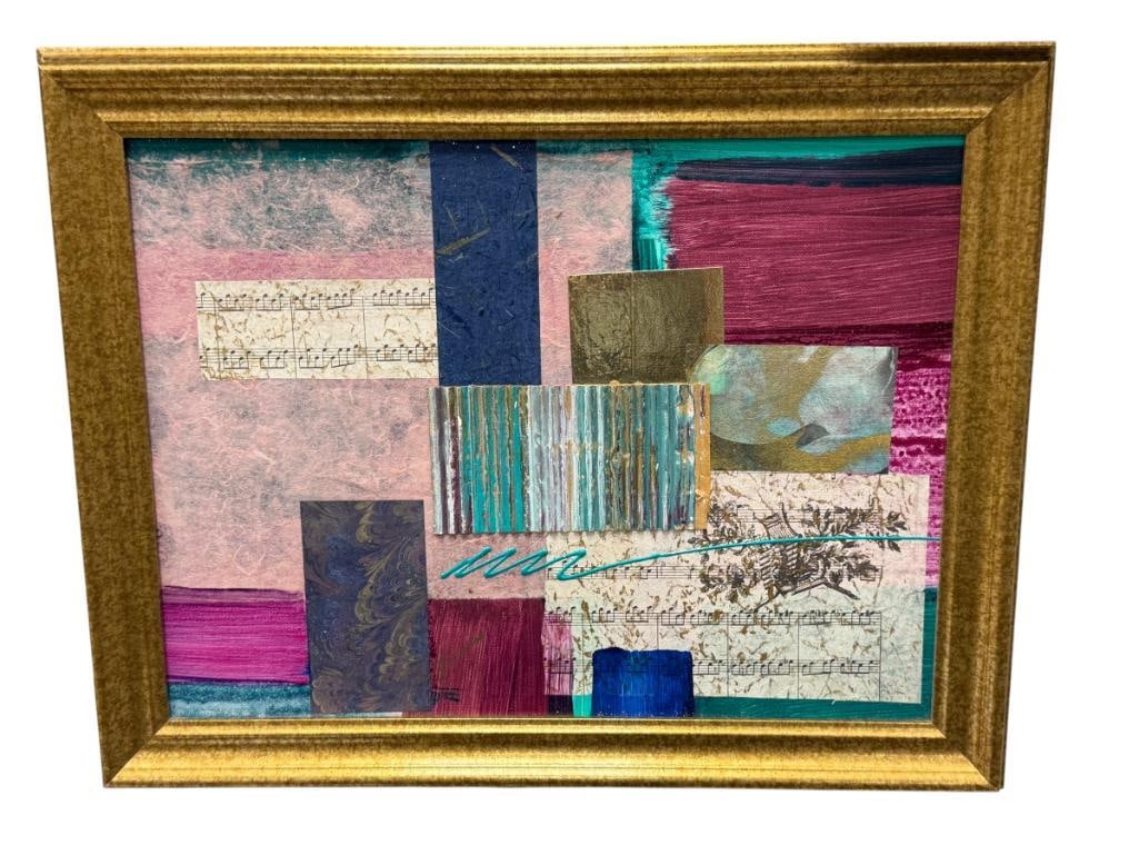 PATRICK MCNURNEY MIXED MEDIA ORIGINAL PAINTING ON CANVAS ABSTRACT: ABSTRACT PAINTING ON CANVAS SHOWING BROAD BRUSH STROKES, GLITTER, APPLIED PAPER, MUSICAL NOTES, ETC, SIGNED BOTTOM EDGE NEAR CENTER, FRAMED 19" X 15" FRAME