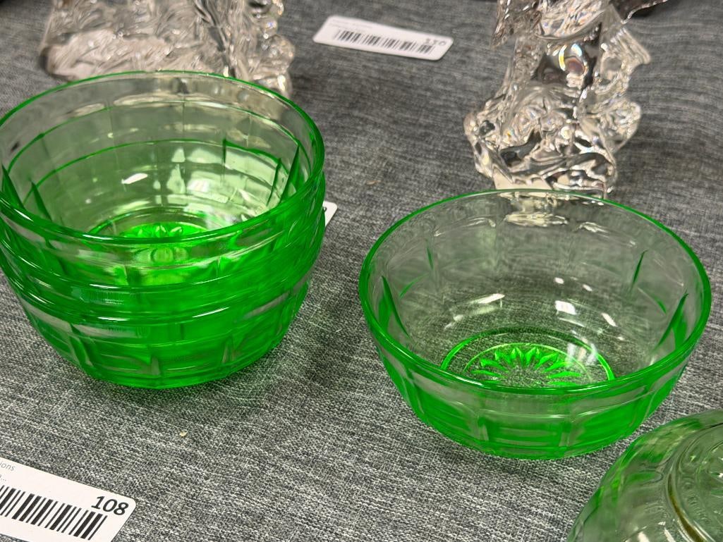 ANCHOR HOCKING URANIUM GLASS BLOCK OPTIC BOWLS SET OF 5 UV LIGHT REACTIVE CIRCA 1930'S - 7