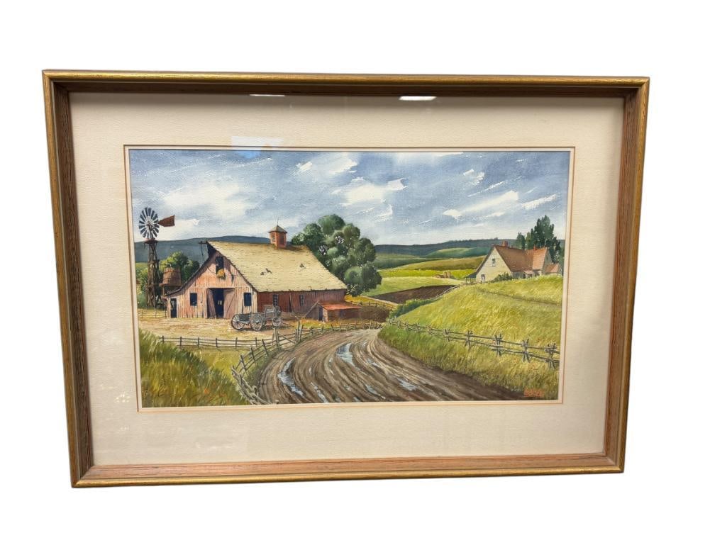 ALFRED OWLES ENGLISH BORN ARTIST ORIGINAL WATERCOLOR ON PAPER WESTERN LANDSCAPE: ALFRED OWLES (1898-1978) WELL-LISTED ARTIST AND ILLUSTRATOR KNOWN FOR HIS AIRCRAFT ILLUSTRATIONS, ART DEPICTS A DIRT ROAD LEADING TOWARDS A RED BARN WITH HILLS IN THE BACKGROUND, SIGNED LOWER RIGHT, F