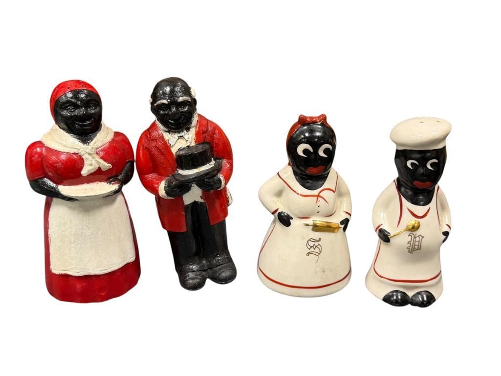 BLACK AMERICANA VINTAGE FIGURAL SALT AND PEPPER SHAKERS ONE SET MADE BY F & F MOLD AND DIE WORKS: AUNT JEMIMA AND UNCLE MOE PLASTIC SHAKERS, ONE IS MISSING PLUG, AND HAND PAINTED CERAMIC FIGURAL SHAKERS WITH GILT ACCENTS 4 1/2" UP TO 5 1/8" H