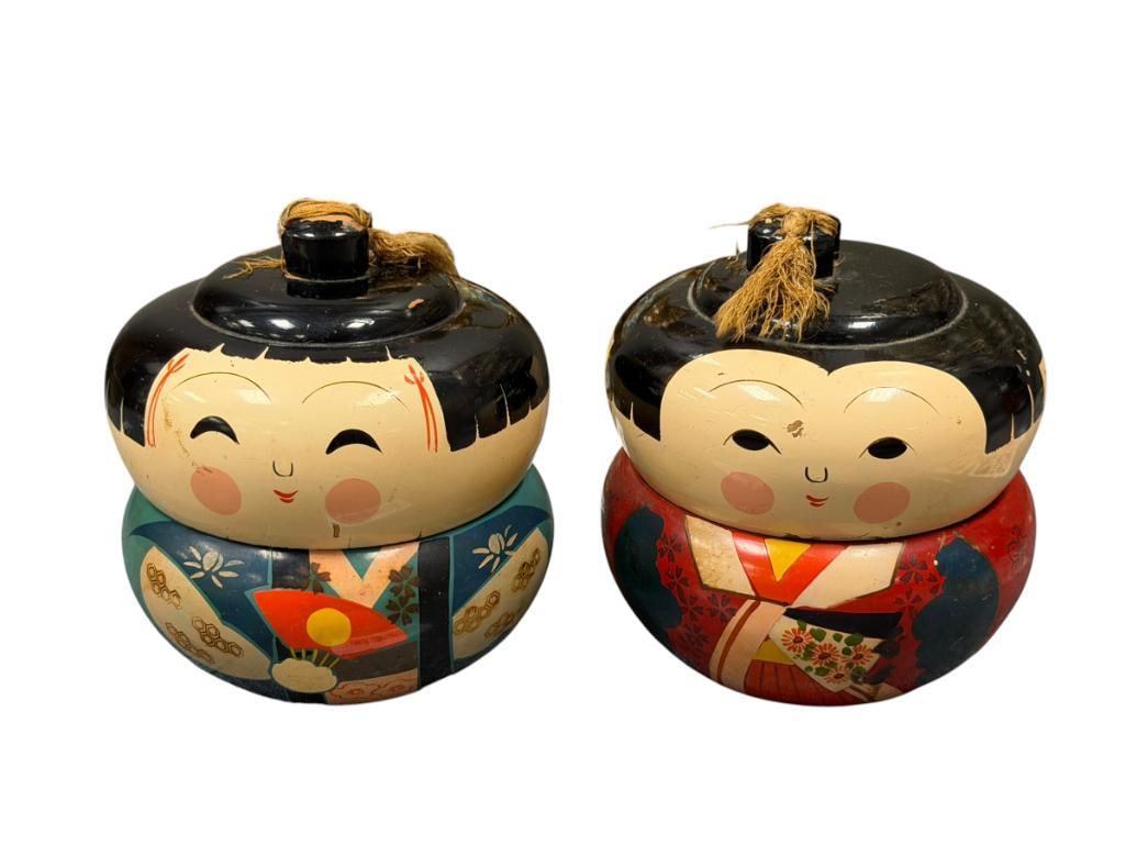 VINTAGE JAPANESE KOKESHI DOLL STACKING LACQUERWARE TRINKET BOXES (1 of 9)