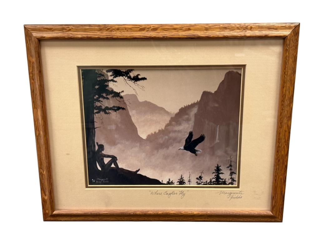 MARGUERITE FIELDS NATIVE AMERICAN AND NATURE ARTIST PROOF PRINT TITLED WHERE EAGLES FLY: MARGUERITE FIELDS (1934-2022) CALIFORNIA BORN ARTIST, KNOWN AS INSTRUCTOR AND ARTIST FOR PAINTING SCENES OF WILDLIFE AND NATIVE AMERICANS, ART DEPICTS SCENE OF NATIVE AMERICAN MAN LEANING ON A TREE WI