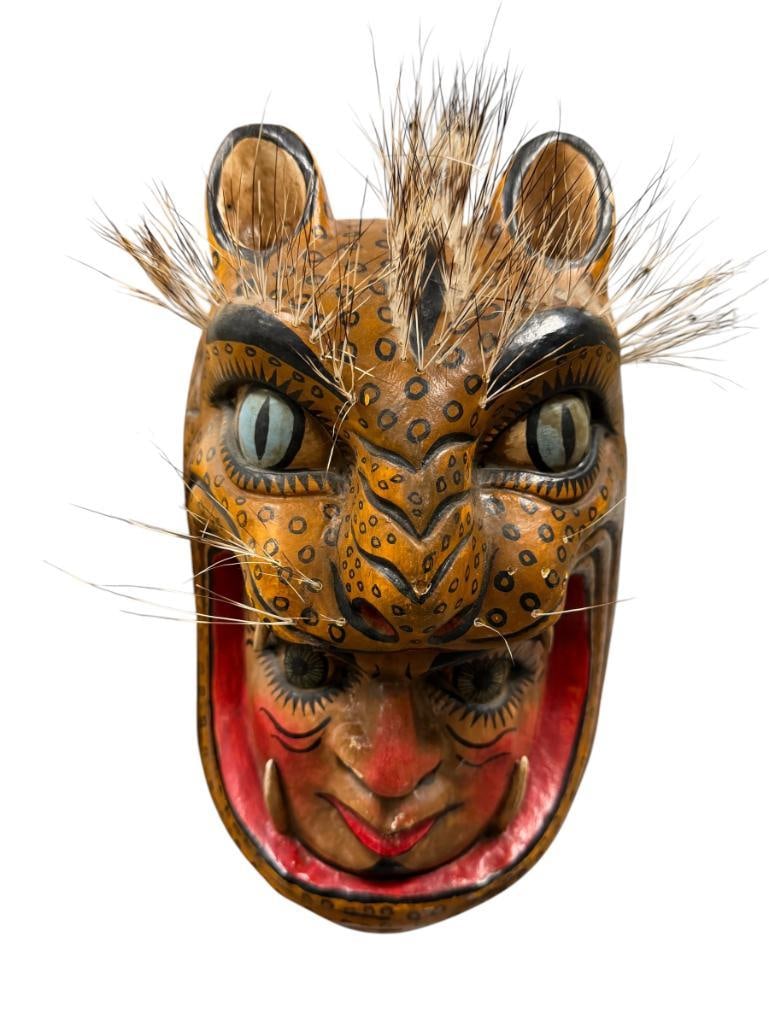 MESOAMERICAN FOLK ART STYLE JAGUAR AND HUMAN FACE MASK OR TECUAN MASK: HAND PAINTED WOODEN MASK WITH WHISKERS 12" H