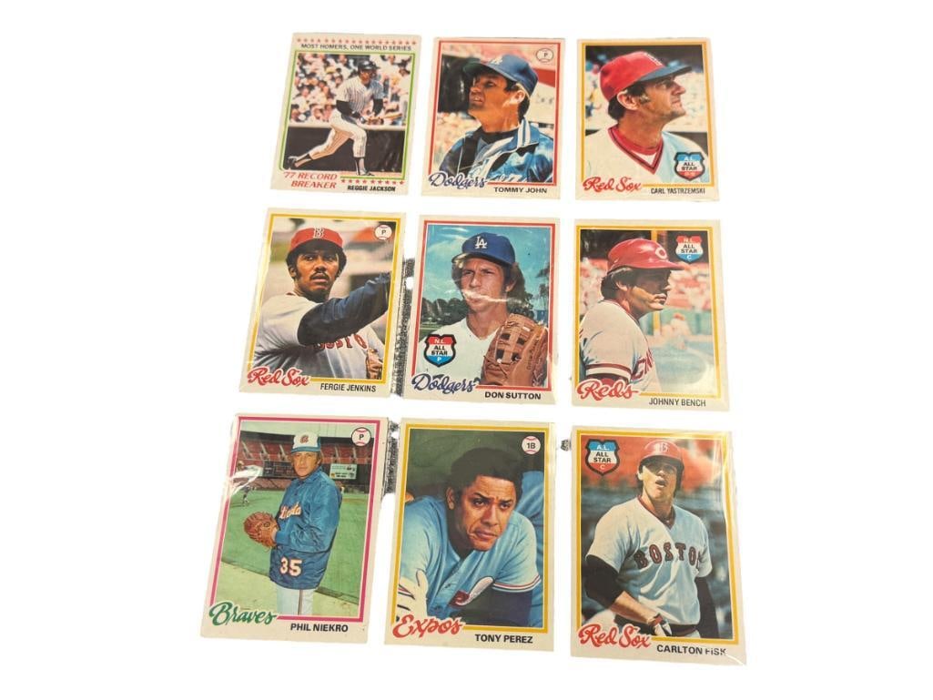 1978 TOPPS BASEBALL HALL OF FAMERS TONY PEREZ, TOMMY JOHN, REGGIE JACKSON, CARLTON FISK: JOHNNY BENCH, CARL YASTREZEMSKI, FERGIE JENKINS, DON SUTTON, PHIL NIEKRO, SEE PHOTOS FOR CONDITION
