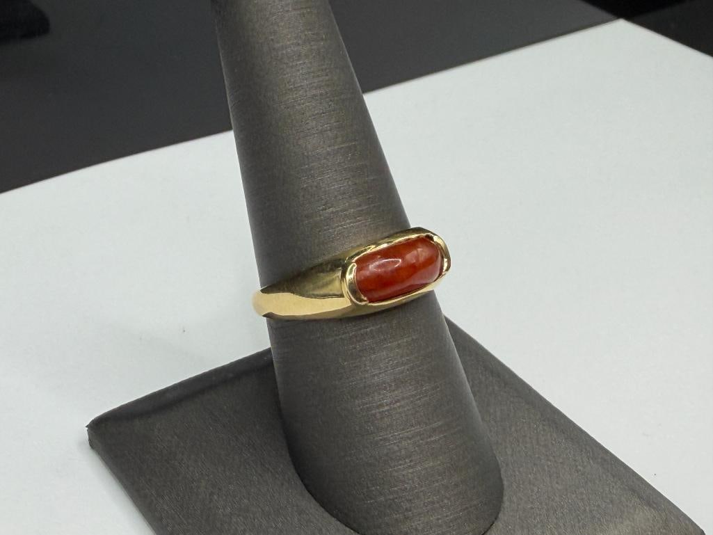 HONG KONG MADE DESIGNER HALLMARKED 14K YELLOW GOLD RED JADE RING - 2