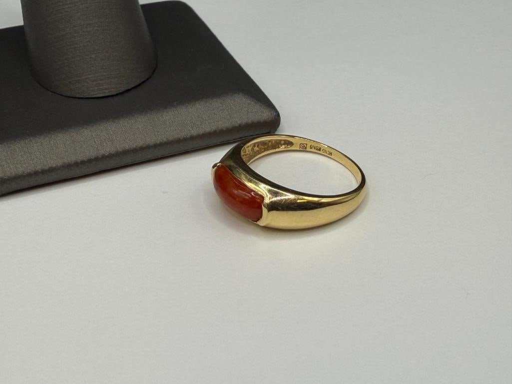 HONG KONG MADE DESIGNER HALLMARKED 14K YELLOW GOLD RED JADE RING - 3
