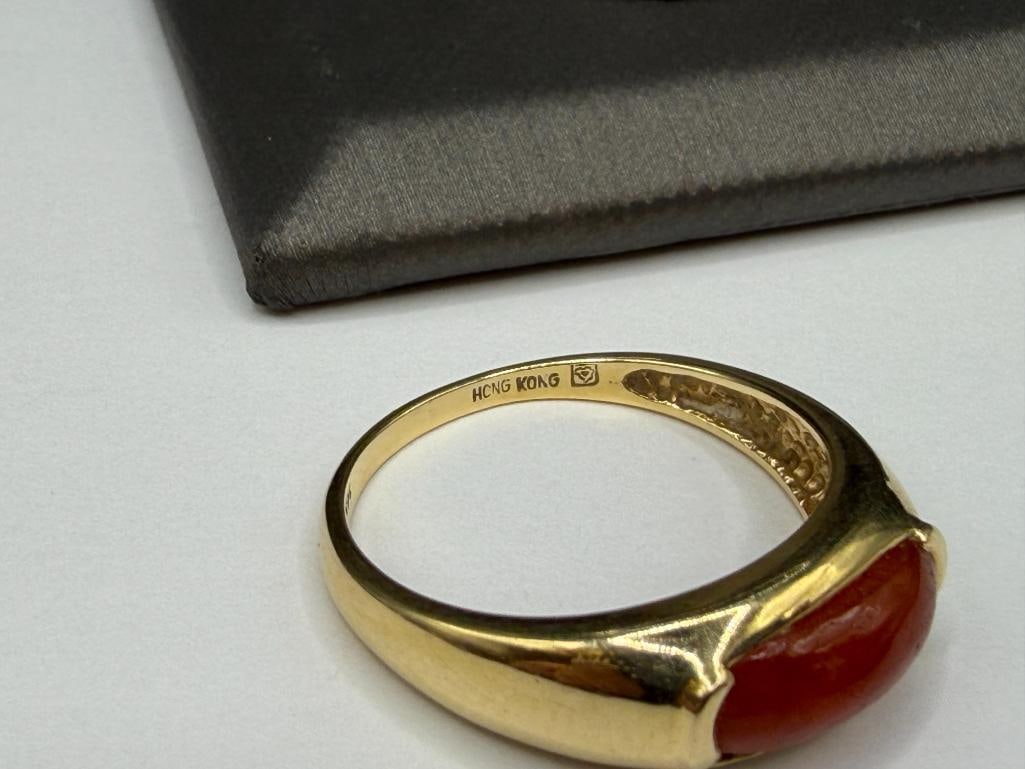 HONG KONG MADE DESIGNER HALLMARKED 14K YELLOW GOLD RED JADE RING - 4