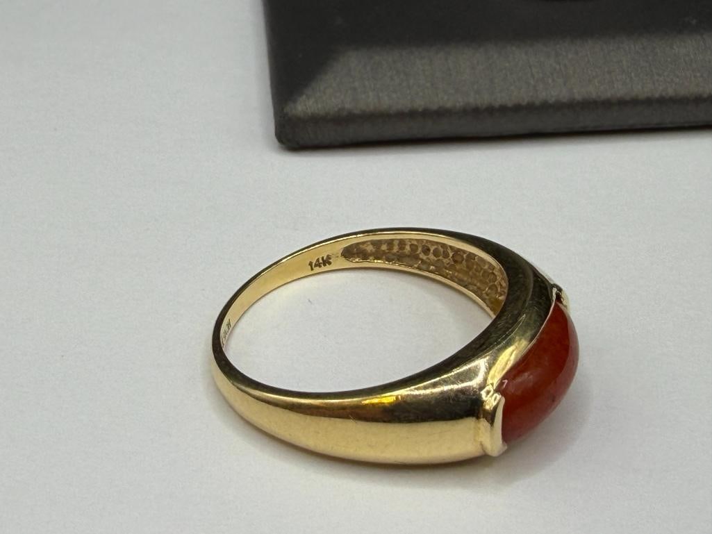 HONG KONG MADE DESIGNER HALLMARKED 14K YELLOW GOLD RED JADE RING - 5
