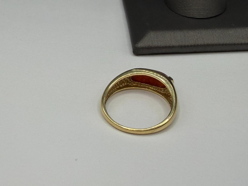 HONG KONG MADE DESIGNER HALLMARKED 14K YELLOW GOLD RED JADE RING - 6