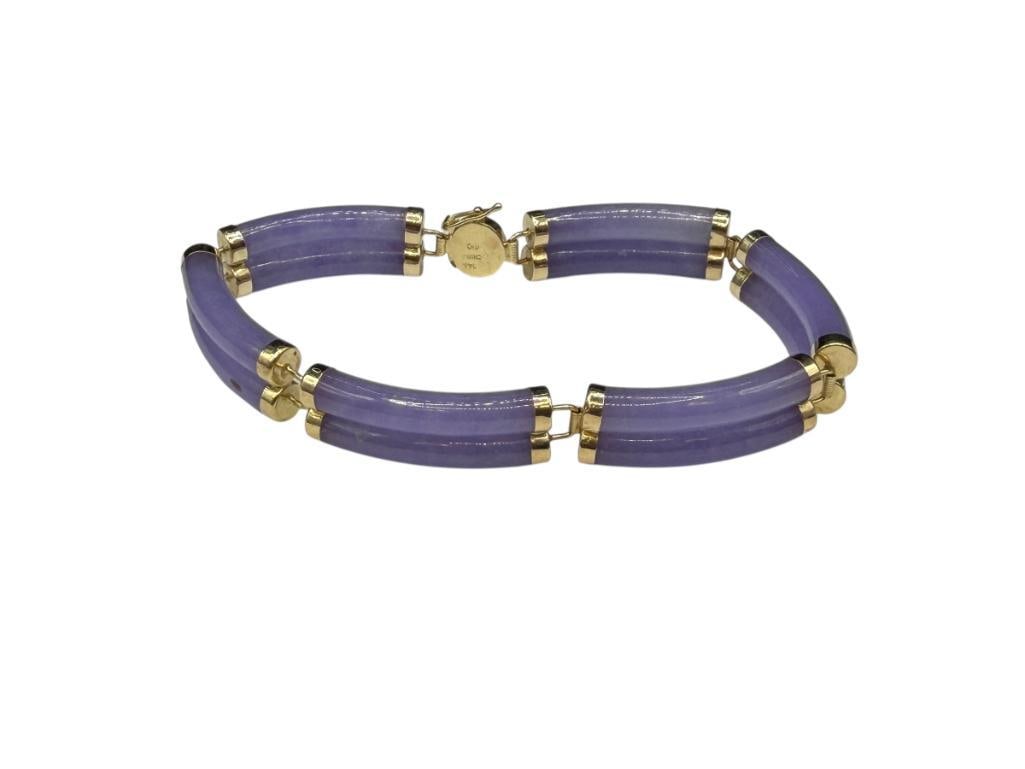 HENG NGAI DESIGNER SIGNED 14K YELLOW GOLD LAVENDER JADE LINK BRACELET: HALLMARKED WITH "HN" IN CIRCLE, FEATURING DOUBLE ROW DESIGN 7 1/4" X 3/8"