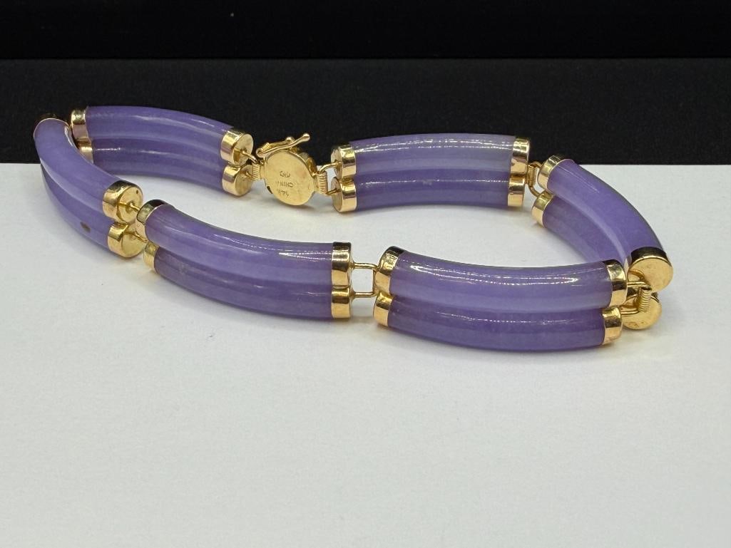 HENG NGAI DESIGNER SIGNED 14K YELLOW GOLD LAVENDER JADE LINK BRACELET - 2