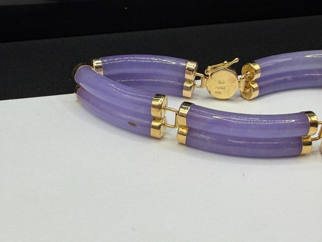 HENG NGAI DESIGNER SIGNED 14K YELLOW GOLD LAVENDER JADE LINK BRACELET - 3