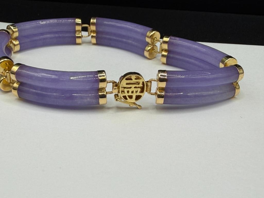 HENG NGAI DESIGNER SIGNED 14K YELLOW GOLD LAVENDER JADE LINK BRACELET - 4
