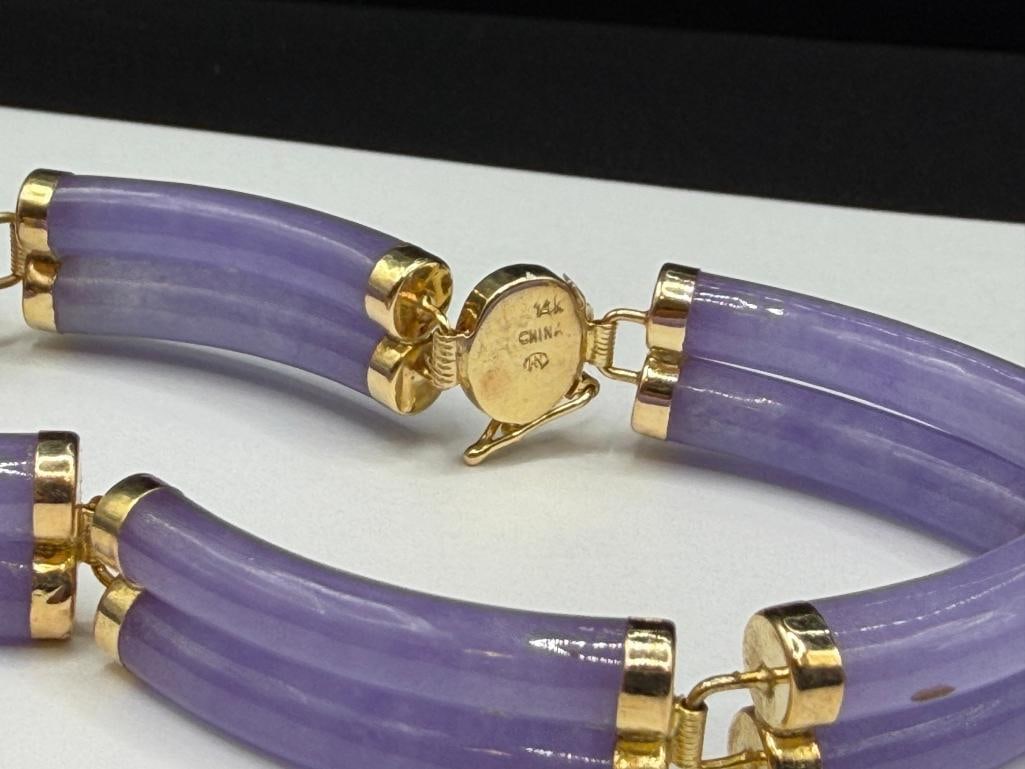 HENG NGAI DESIGNER SIGNED 14K YELLOW GOLD LAVENDER JADE LINK BRACELET - 5
