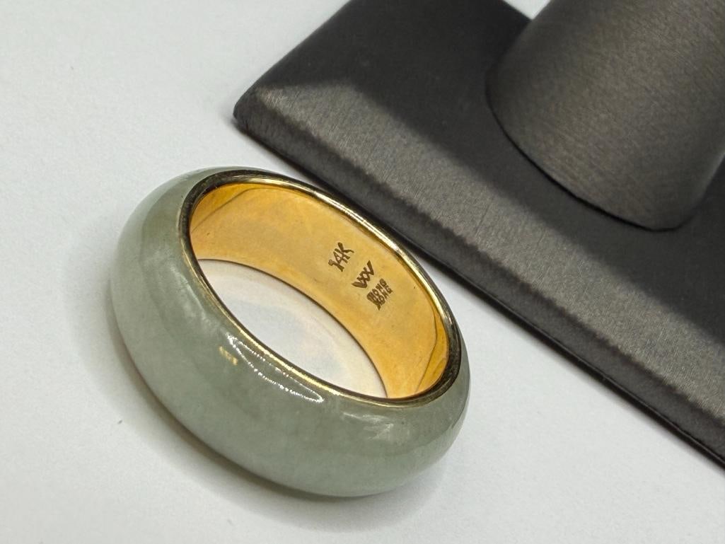 14K YELLOW GOLD ASIAN GREEN JADE BAND RING FEATURING CHINESE CHARACTER SYMBOLS "GOOD FORTUNE" - 5