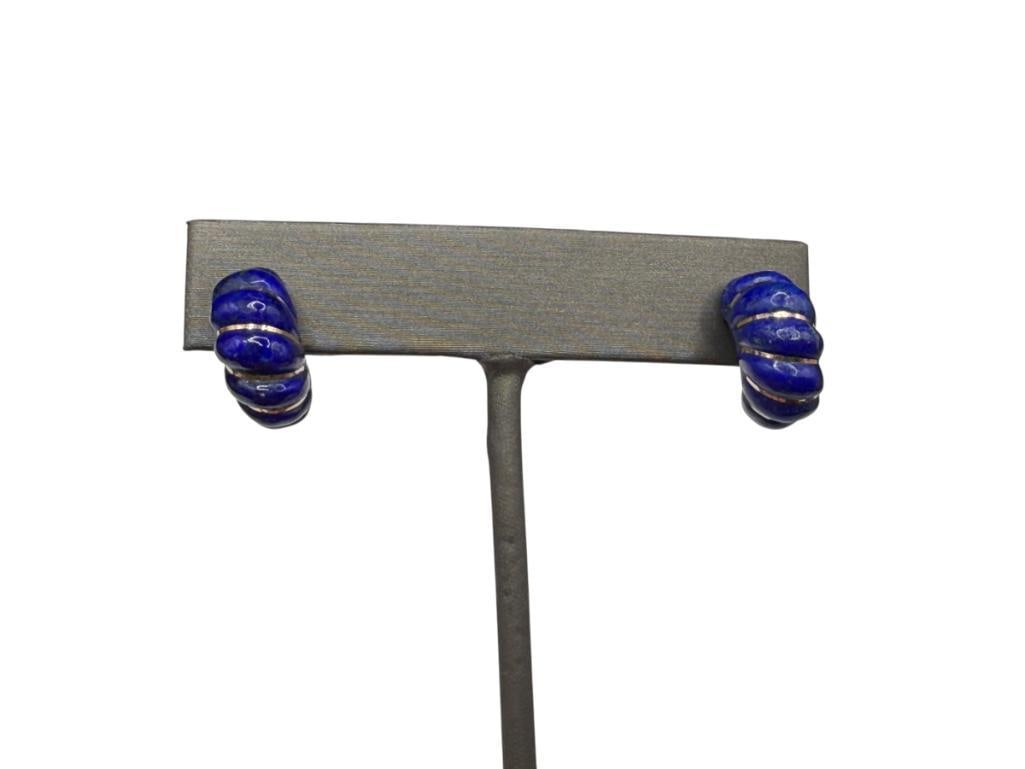 14K YELLOW GOLD RIBBED LAPIS HALF HOOP POST EARRINGS: BACKS ARE ALSO 14K GOLD 5/8"