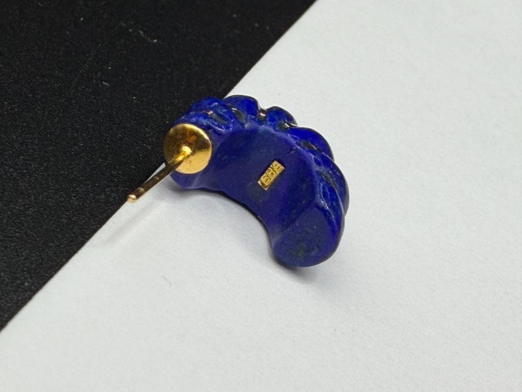 14K YELLOW GOLD RIBBED LAPIS HALF HOOP POST EARRINGS - 5