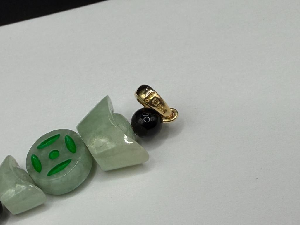 14K YELLOW GOLD CHINESE HALLMARKED GREEN JADE AND BLACK ONYX PENDANT - 5