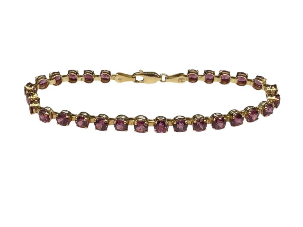 IMPERIAL GOLD COMPANY DESIGNER SIGNED 14K YELLOW GOLD ROUND CUT PINK GARNET TENNIS BRACELET: FEATURING 28 ROUND CUT PINK GARNETS, DESIGNER HALLMARKED WITH "2/2" DOMINO / DICE, MADE IN MEXICO 7", APPROX. 7.00CTTW PINK GARNETS, 6.00 GRAMS