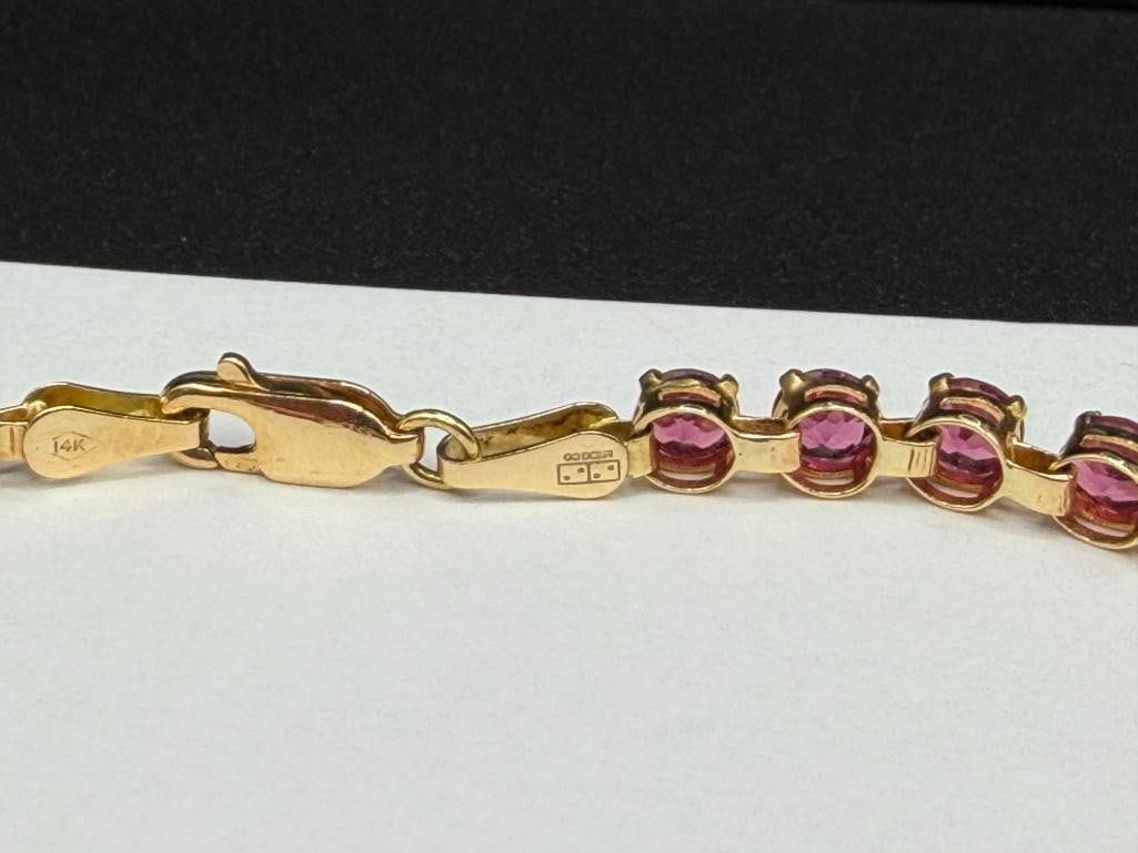 IMPERIAL GOLD COMPANY DESIGNER SIGNED 14K YELLOW GOLD ROUND CUT PINK GARNET TENNIS BRACELET - 5