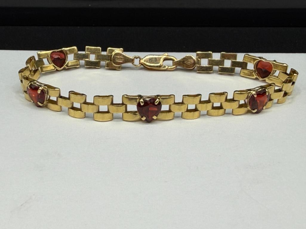 IMPERIAL GOLD COMPANY DESIGNER SIGNED 14K YELLOW GOLD HEART CUT GARNET LINK BRACELET - 2