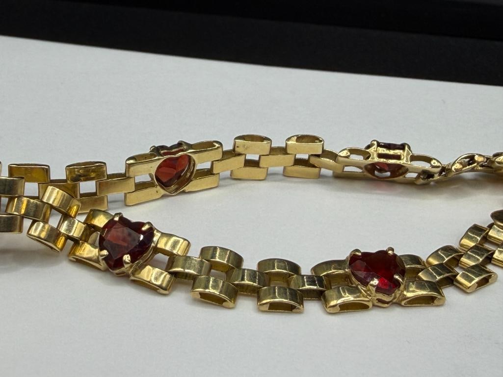 IMPERIAL GOLD COMPANY DESIGNER SIGNED 14K YELLOW GOLD HEART CUT GARNET LINK BRACELET - 4