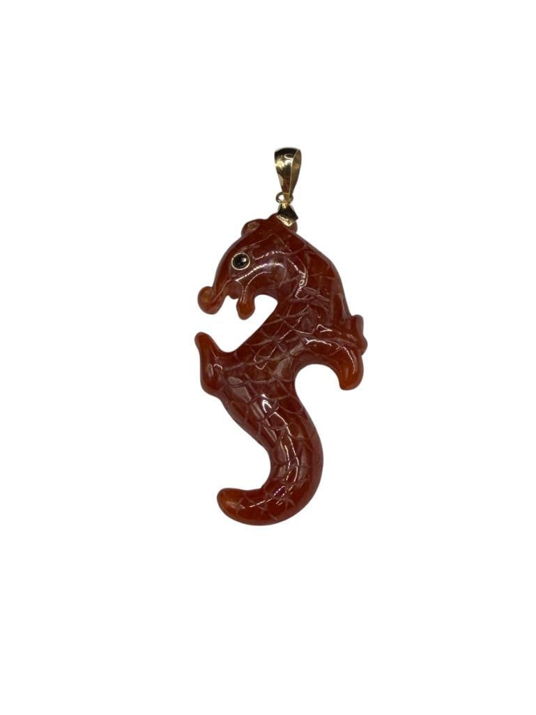 CARVED RED JADE DRAGON PENDANT WITH 14K YELLOW GOLD BAIL: 2", APPROX. 33CTS OF JADE