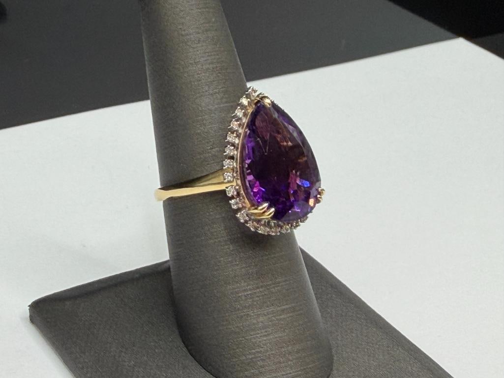 14K YELLOW GOLD PEAR CUT AMETHYST AND ROUND BRILLIANT CUT DIAMOND COCKTAIL FASHION RING - 2