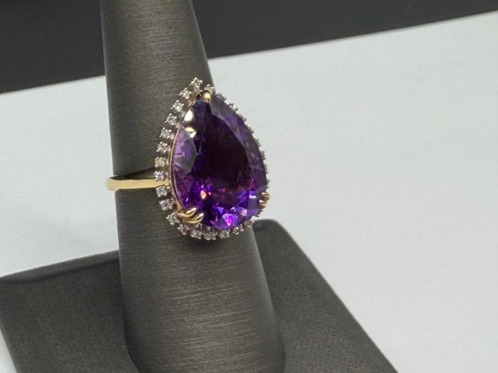 14K YELLOW GOLD PEAR CUT AMETHYST AND ROUND BRILLIANT CUT DIAMOND COCKTAIL FASHION RING - 3