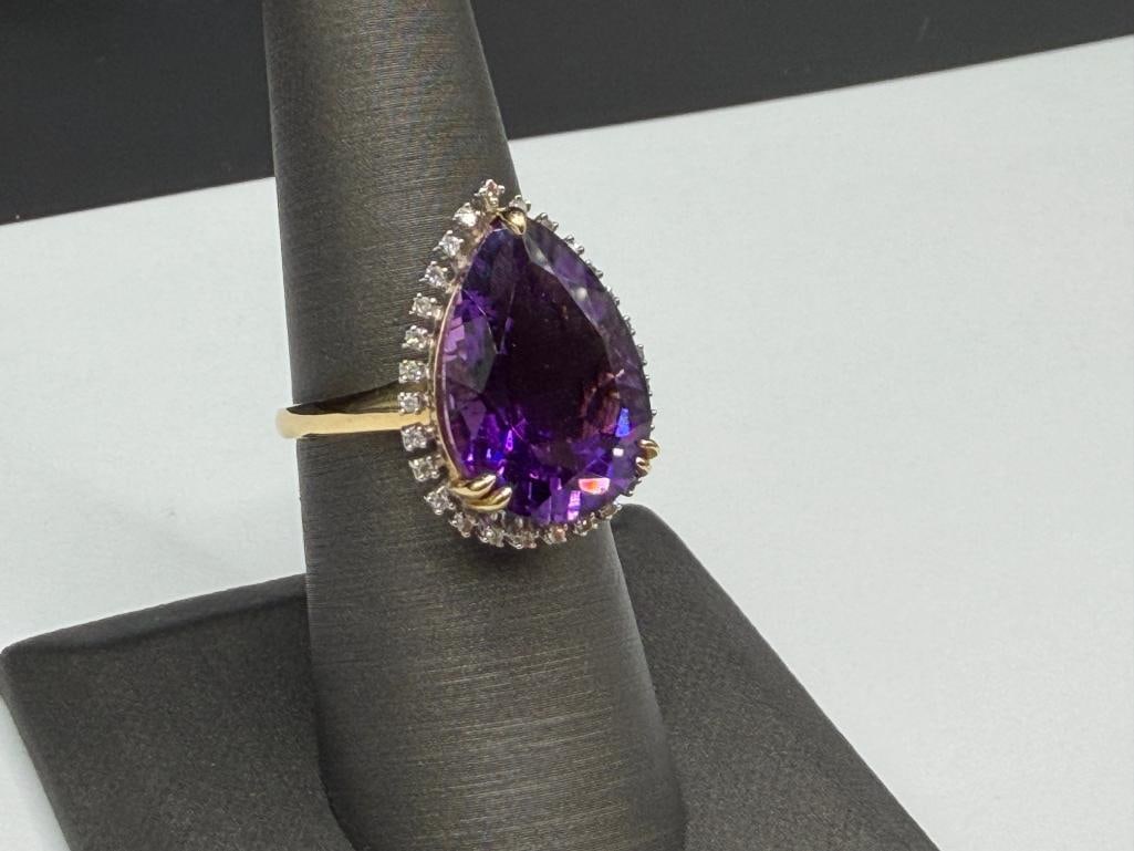 14K YELLOW GOLD PEAR CUT AMETHYST AND ROUND BRILLIANT CUT DIAMOND COCKTAIL FASHION RING - 4