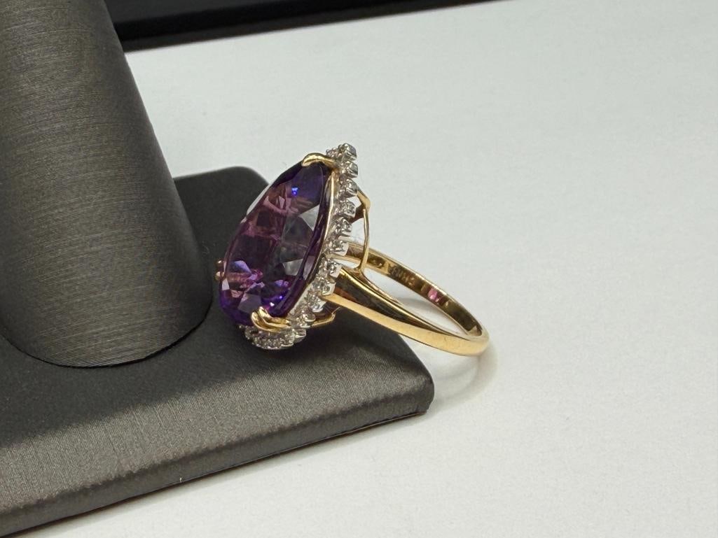 14K YELLOW GOLD PEAR CUT AMETHYST AND ROUND BRILLIANT CUT DIAMOND COCKTAIL FASHION RING - 5