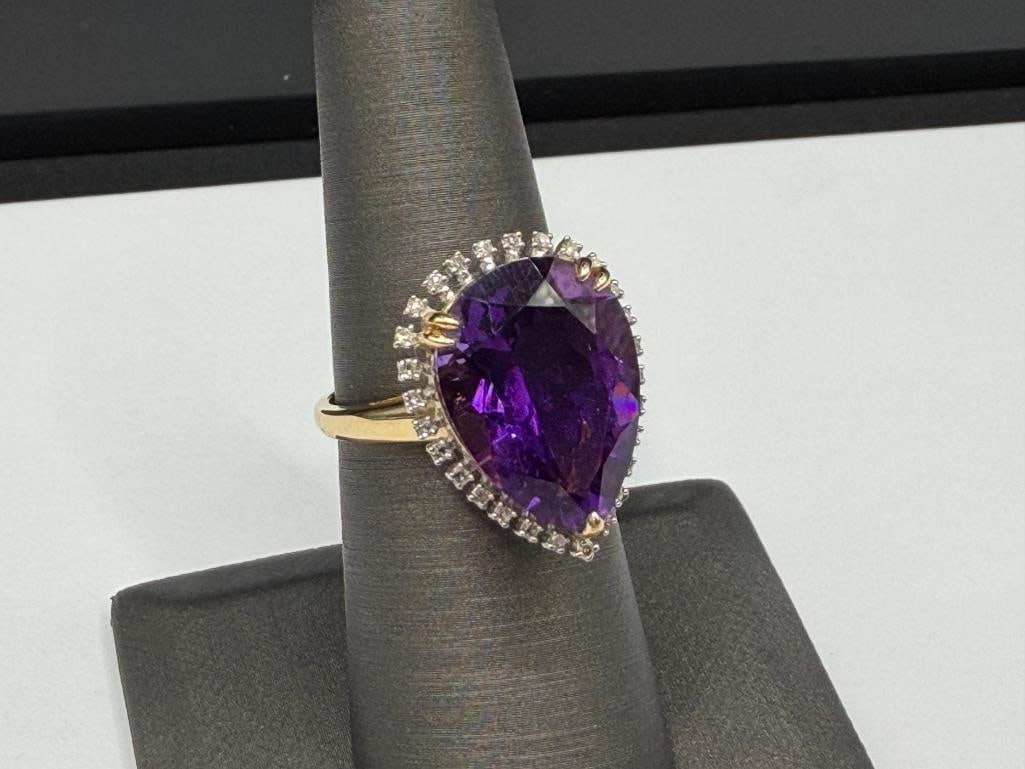 14K YELLOW GOLD PEAR CUT AMETHYST AND ROUND BRILLIANT CUT DIAMOND COCKTAIL FASHION RING - 6