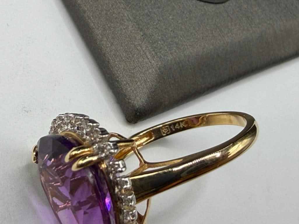 14K YELLOW GOLD PEAR CUT AMETHYST AND ROUND BRILLIANT CUT DIAMOND COCKTAIL FASHION RING - 8