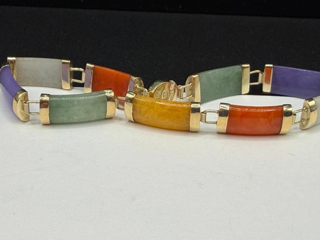 HENG NGAI CHINESE DESIGNER HALLMARKED 14K YELLOW GOLD MULTI-COLOR JADE LINK BRACELET - 2