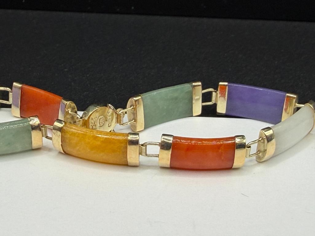 HENG NGAI CHINESE DESIGNER HALLMARKED 14K YELLOW GOLD MULTI-COLOR JADE LINK BRACELET - 3