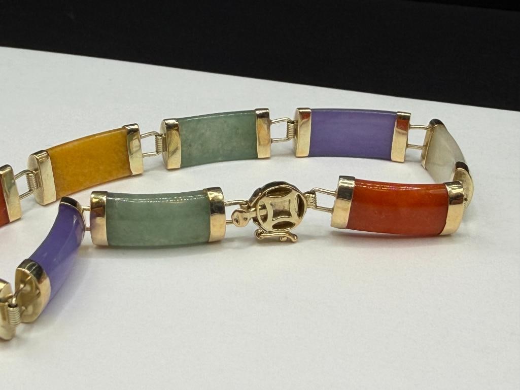 HENG NGAI CHINESE DESIGNER HALLMARKED 14K YELLOW GOLD MULTI-COLOR JADE LINK BRACELET - 4