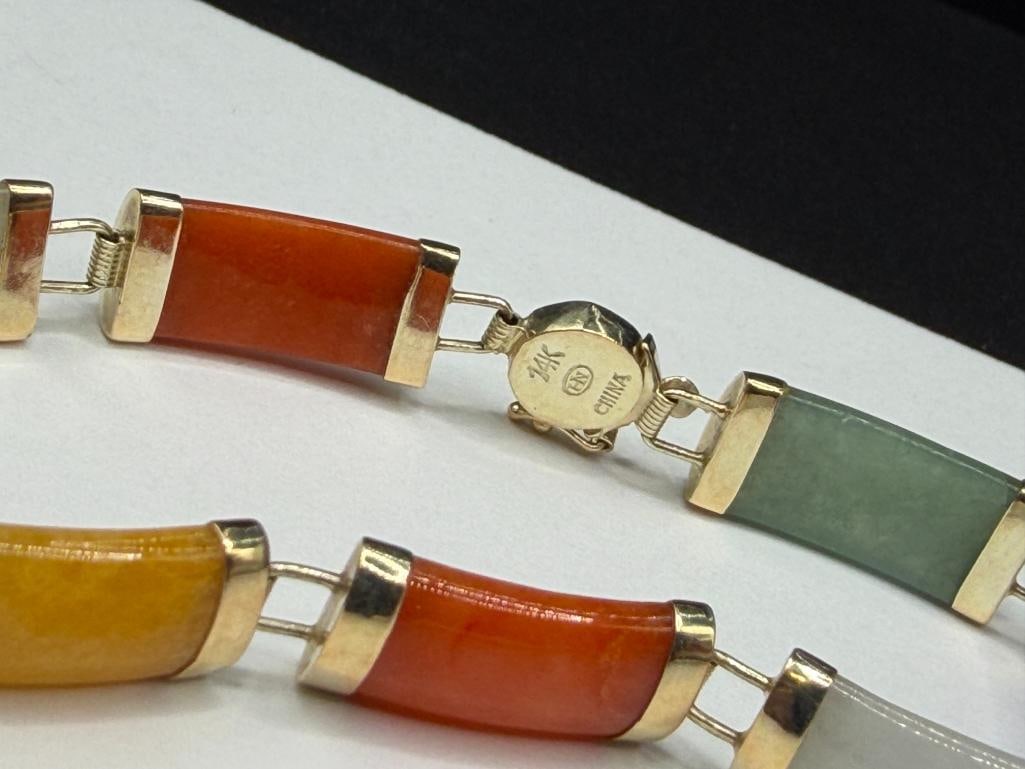 HENG NGAI CHINESE DESIGNER HALLMARKED 14K YELLOW GOLD MULTI-COLOR JADE LINK BRACELET - 5
